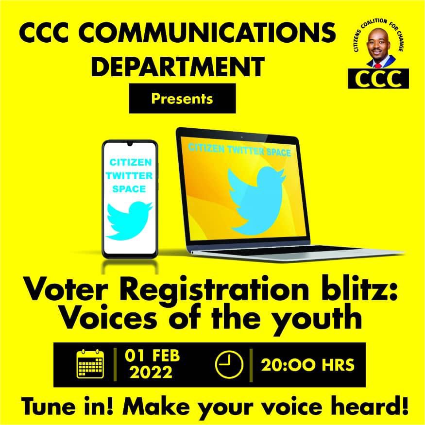 daddyhope's tweet photo. The @CCCZimbabwe communications department is hosting a Special @TwitterSpaces on Voter Registration tonight.

Come and ask ALL your questions on this @TwitterSpaces

Without registration, there won’t be change!

RETWEET so that many people can see and make time for this 👇🏿 https://t.co/tL5Akh9jlC