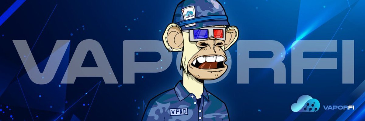 _VaporFi's tweet photo. The new banner repping @BoredApeYC #3442, all decked out in his VaporFi gear. Reporting for duty, ready to lead the #VapeArmy to $250M MC 🚀

#BAYC @justinbieber @adidas @jimmyfallon @obj @SnoopDogg @ParisHilton @LoganPaul @Neymarxv @PostMalone @KevinHart4real @steveaoki @SHAQ https://t.co/E33ccVyboz