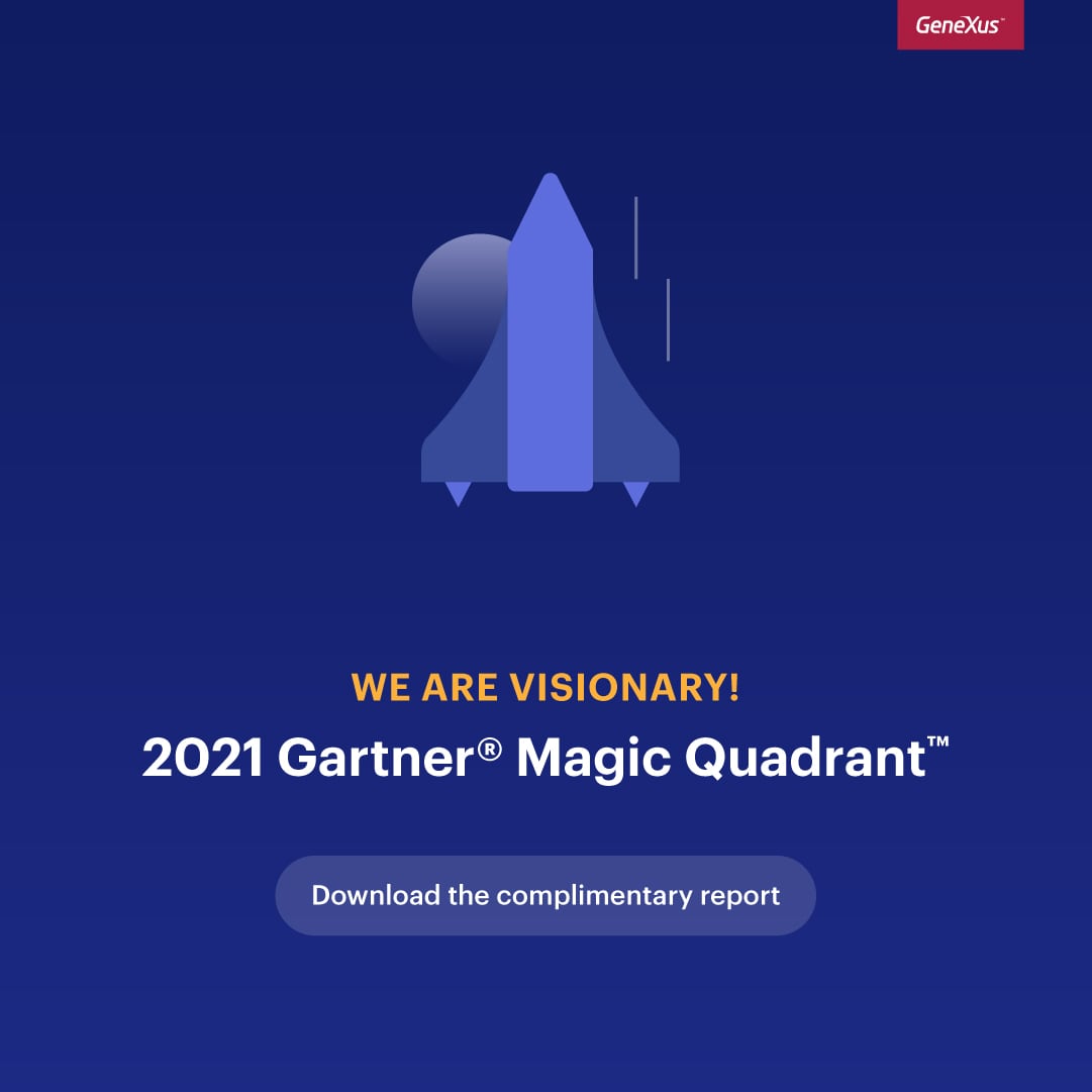 Gartner®, a company that delivers actionable, objective insight to its executive and their teams positions GeneXus as a Visionary. 
Download the complementary report  ⬇️
🇺🇸 hubs.la/Q013dG_Y0 
🇪🇸 hubs.la/Q013dM1X0
🇧🇷 hubs.la/Q013dMG90