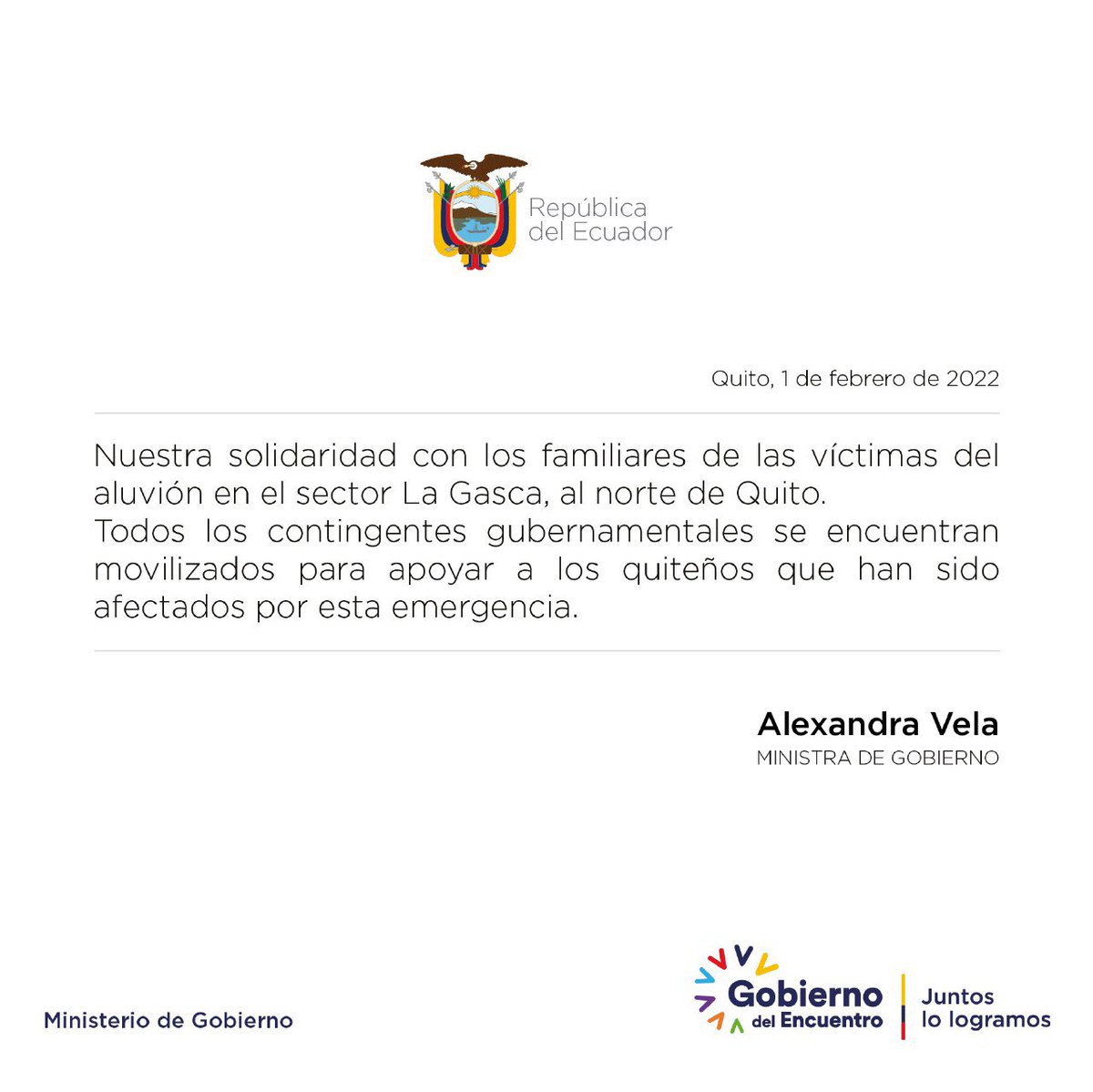 🤝Nuestra solidaridad con los familiares de las víctimas del aluvión en el sector La Gasca, al norte de Quito. Todos los contingentes gubernamentales se encuentran movilizados para apoyar a los quiteños que han sido afectados por esta emergencia.

#JuntosLoLogramos
