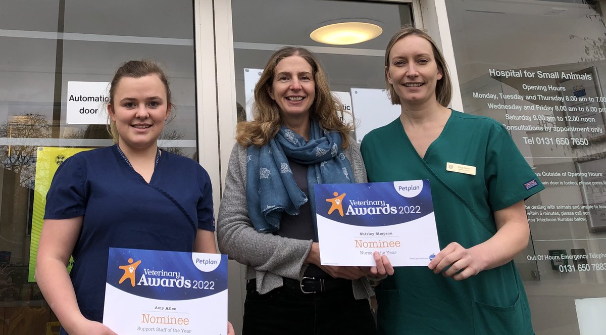 Congratulations to three awesome team members from our Hospital for Small Animals - each one has been nominated for the 2022 #PetplanVetAwards. Two nominations for Vet Nurse of the Year and one for Practice Support Staff of the Year. Well done Shirley, Kirsty and Amy!! @PetplanUK