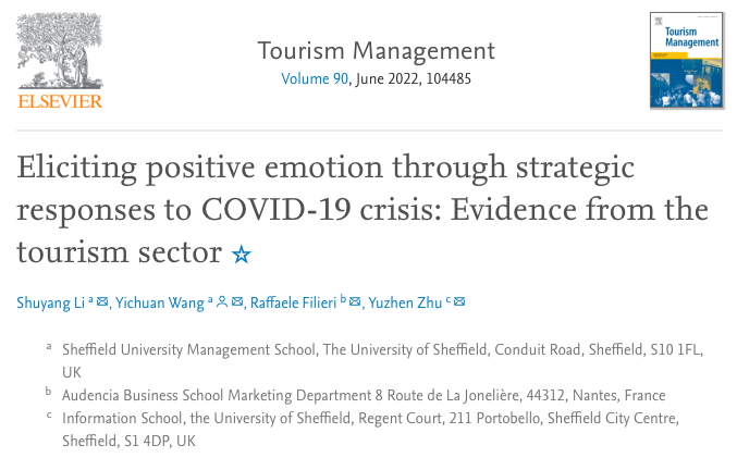 YichuanWang3's tweet photo. Our paper investigating how COVID-19 response strategies and linguistic cues of responses are intertwined to evoke positive emotions among consumers has been published in Tourism Management.
@BRISTTSheffield @UoS_Management @Research_Aud
#fsqca #covid19 #Crisis https://t.co/vl7muYjZyl