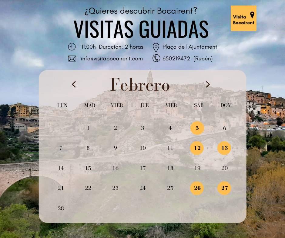 EN FEBRERO, VISITA BOCAIRENT 💛

En el mes de febrero continuan las visitas guiadas 🙋‍♂️

Si quieres descubrir todos los encantos de #Bocairent te invito a que me acompañes en mis visitas guiadas.

#visitabocairent #turismebocairent #valènciaturisme #comunitatvalenciana