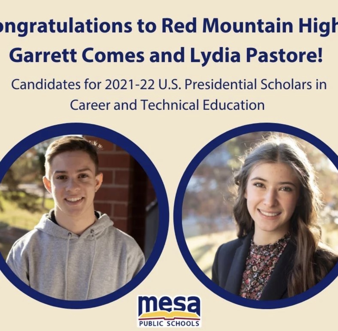 Congrats to our very own RMHS students for being two of only five U.S. Presidential Scholar candidates in Arizona! Lydia Pastore &amp; Garrett Comes!