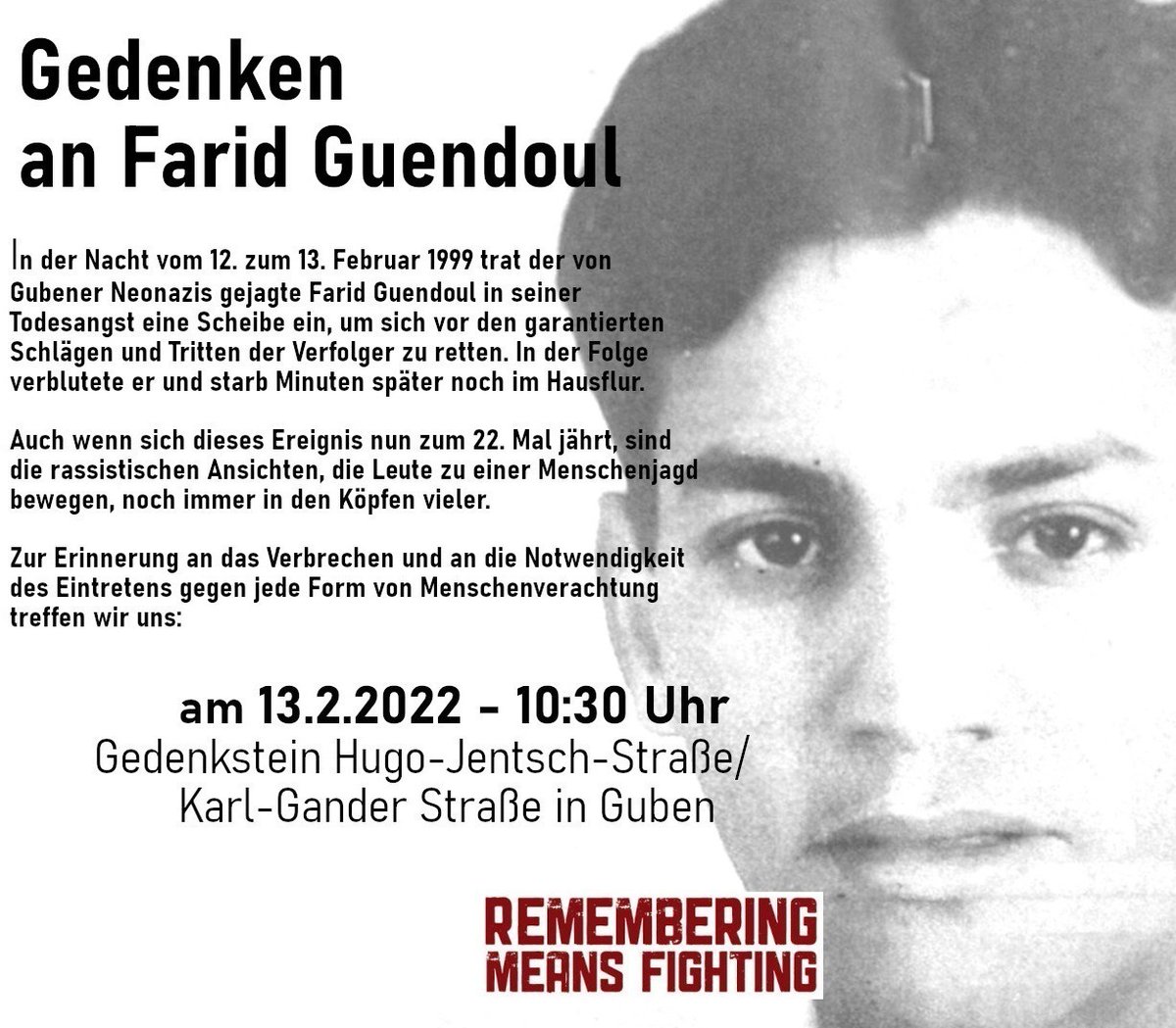 13.2.2022 um 10:30 Uhr, Gedenkstein Hugo-Jentsch-Straße/Karl-Gander Straße in #Guben. #gub1302
#rememberingmeansfighting 🕯
#dasproblemheißtrassismus✊🏾