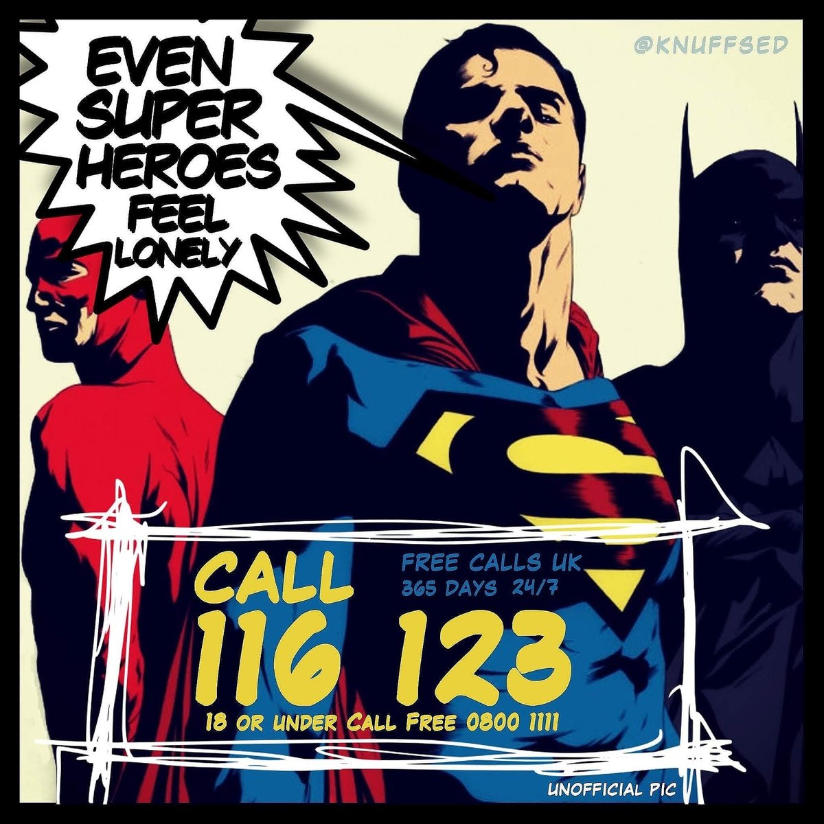 knuffsed's tweet image. Even Superheroes Feel Lonely
Do not struggle alone
Talk to Someone
SAMARITANS samaritans.org
Call Free 116 123
24 hours a day
365 days a year
#Talk #Help #Support #Thoughts