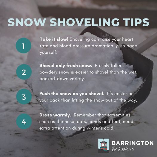 SNOW SHOVELING TIPS to keep you safe this winter! ❄️❄️❄️ 

1. Take it slow!
2. Shovel only fresh snow
3. Push the snow as your shovel
4. Dress warmly

For more winter safety tips, head to bit.ly/barringtonwint… #EnjoyBarrington #WinterSafety #Snow