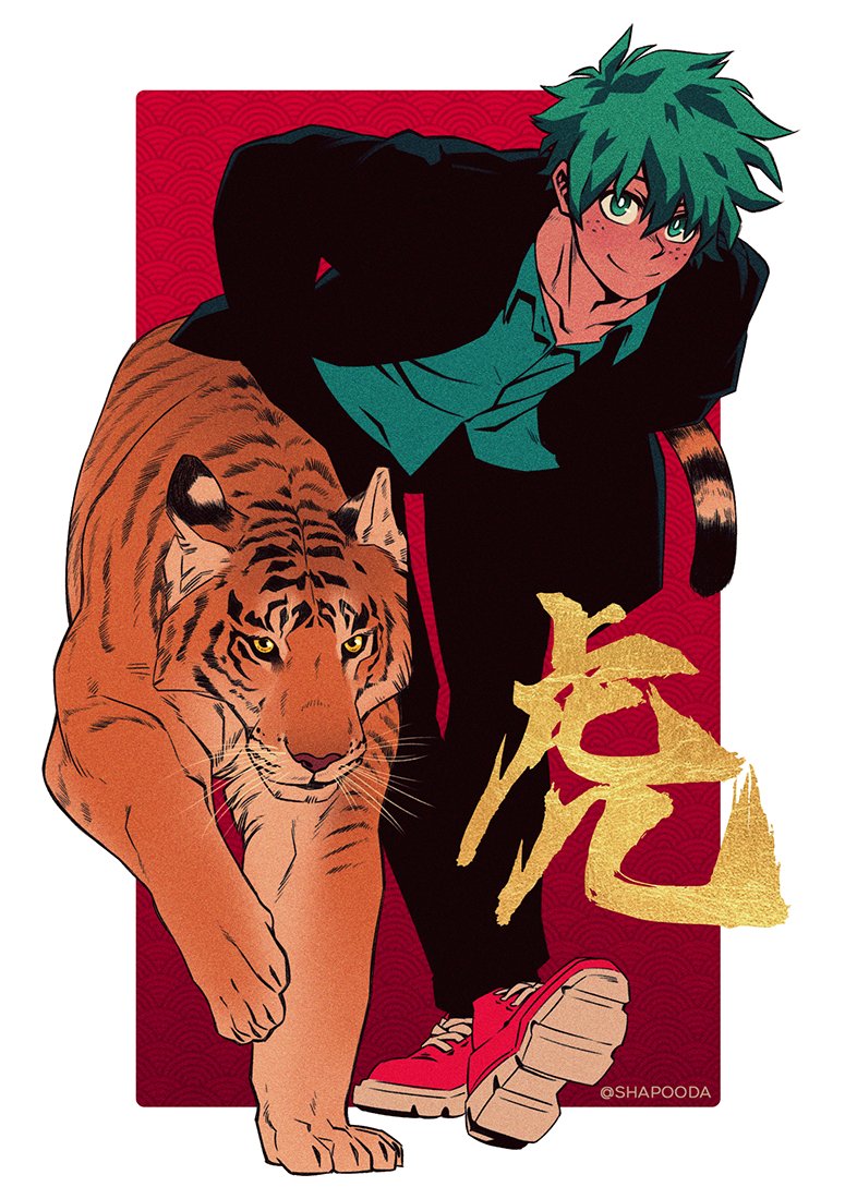 midoriya izuku 1boy freckles male focus red footwear green hair tiger shirt  illustration images