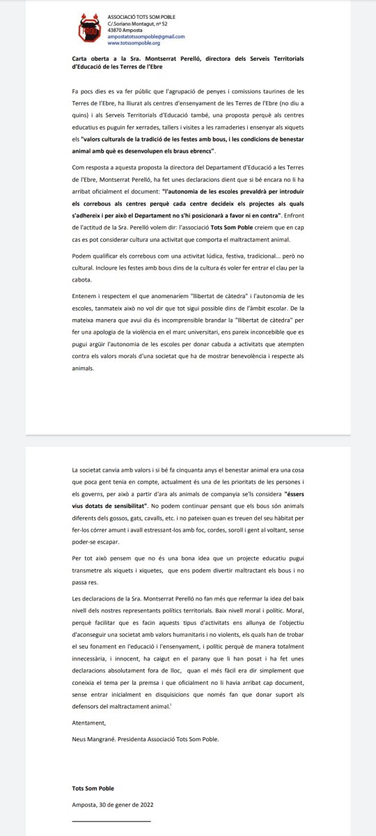 Carta oberta a la directora dels Serveis Territorials d'Educació de les Terres de l'Ebre.
Els docents d'aquestes terres no ho permetran.
<a href="/RaholaOficial/">🟦 Pilar Rahola</a> <a href="/josepalay/">Josep Lluís Alay</a> <a href="/ProuCorrebous/">ProuCorrebous</a> 
aguaita.cat/noticia/24160/…
