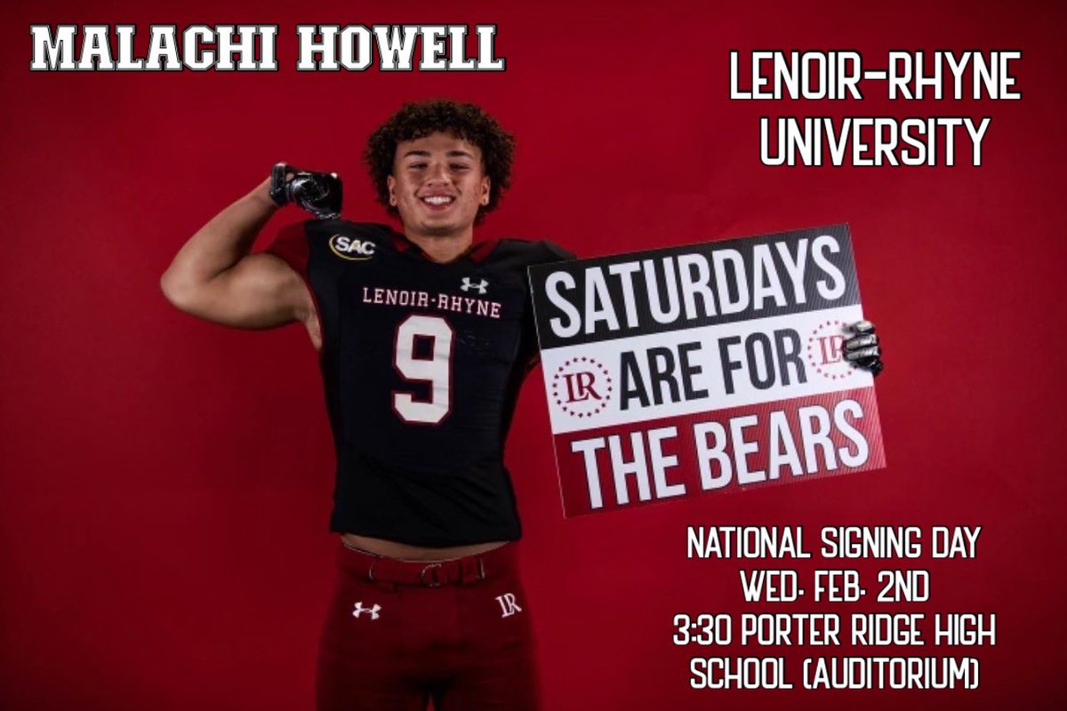 I will be signing my letter of intent to the University of Lenoir Rhyne tomorrow, Wednesday, February 2nd at 3:30 in the Porter Ridge auditorium. All are welcome! Go Bears 🐻 ❤️! <a href="/PorterRidgeFB/">Porter Ridge Football</a> <a href="/PorterRidgeHSNC/">Porter Ridge High School</a> <a href="/Coach_Chaffee/">Shawn Chaffee</a> <a href="/LRBearsFootball/">Lenoir-Rhyne Football</a> <a href="/Dabigman41/">Damien Jackson</a> <a href="/recruit704/">Recruit704</a>