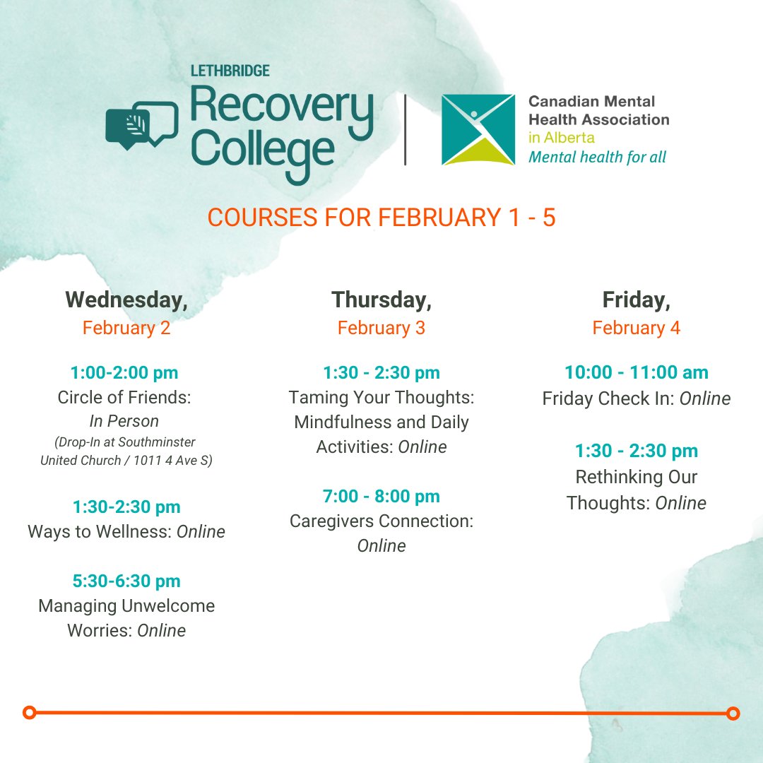 👋 Happy Monday! We hope your week is off to a great start. Check out this week's upcoming #recoverycollegelethbridge courses! Sign up anytime on our website. We hope to see you there!

#mentalhealth #yql #lethbridge