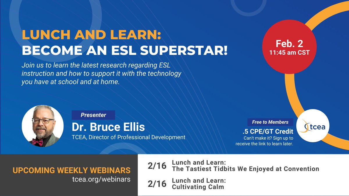 You're already a superstar ⭐ But, what about an #ESL superstar? 📆 Join us TOMORROW for a little bit of lunch & a whole lot of #learning packed into 30 min. Busy? Sign up so you can catch up later! tcea.org/events @drbruceellis #txed #teacherpd #teachertwitter