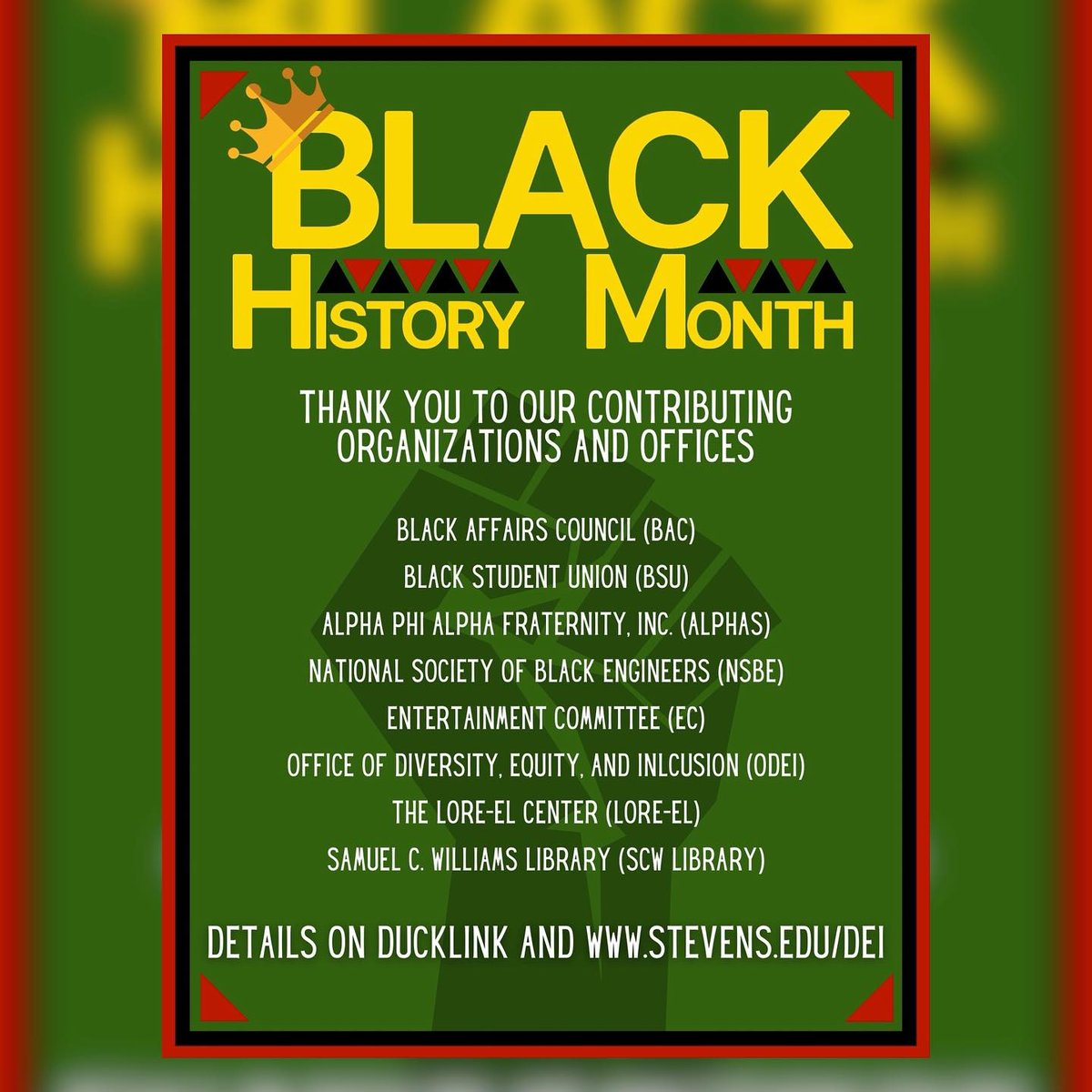 February 1 signifies the start of Black History Month! At Stevens, we are proud to offer a variety of events and workshops in collaboration with student organizations and campus partners. 
Learn more on Ducklink, Instagram and Stevens.edu/DEI