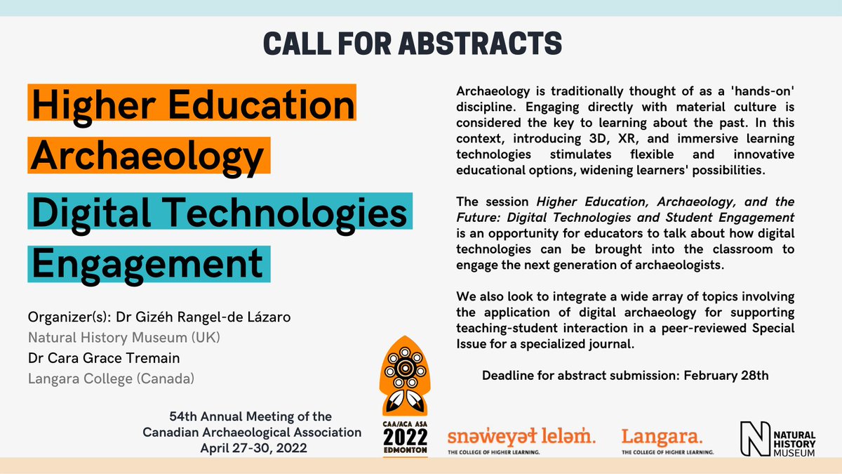 Are you using #digital methods to introduce innovative educational options in #Archaeology? 
<a href="/DrCaraTremain/">Dr Cara Tremain</a> &amp; <a href="/gizehrdelazaro/">Dr. Gizeh Rangel-de Lazaro</a> are calling for papers for the #online session "Higher Education, Archaeology, and the Future: Digital Technologies and Student Engagement" at <a href="/can_arch/">CAA / ACA</a>