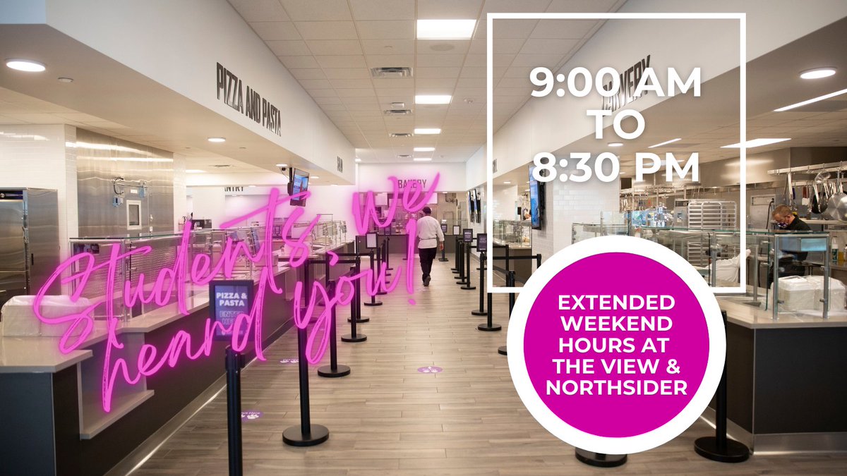 Hey, Tommies — we heard you! You said you wanted us to open earlier on the weekends, so this spring semester, The View and Northsider will open an hour earlier on weekends. Come enjoy breakfast at 9am!