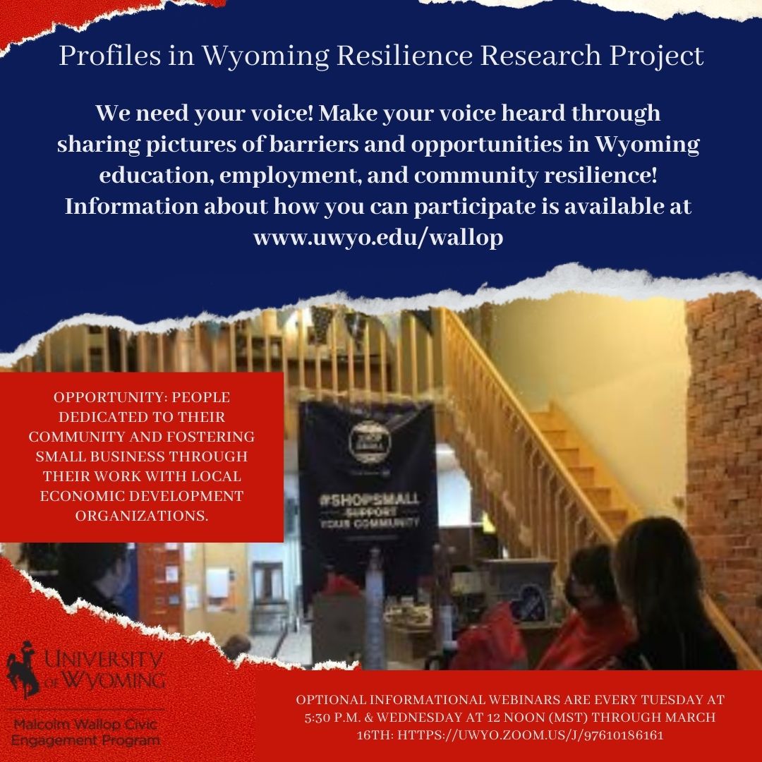 UWSPPAIS's tweet photo. UW’s Malcolm Wallop Civic Engagement Program’s Profiles in Wyoming Resilience Research Project wants to gather your stories through photos! To learn more, visit https://t.co/Xn0LGSTw6D, where you can find participation instructions, project examples, and a required consent form. https://t.co/vqPI6hkhcM