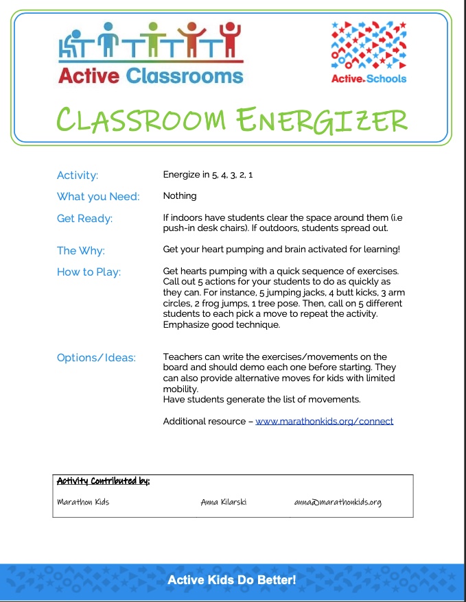 ActiveSchoolsUS's tweet image. This classroom energizer is a great way to get creative, memorizing sequences and having fun. &quot;Energize in 5,4,3,2,1&quot; from @MarathonKids can be played with different movements and variations. Give it a try!

#ClassroomEnergizer 
#ActiveClassrooms22