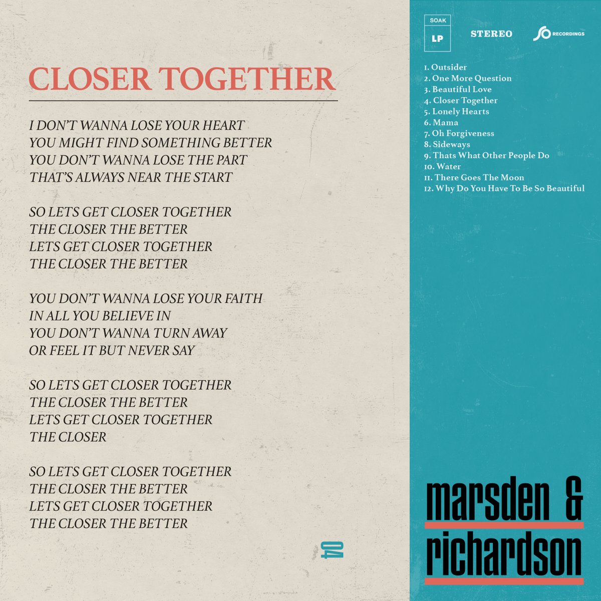 'Closer Together' is track 4 on our new album 'Marsden &amp; Richardson' 🙌 It is about human connection and the complex push and pull of how we navigate our intimate relationships with other people. 

Let us know which other tracks you want us to tell you about!