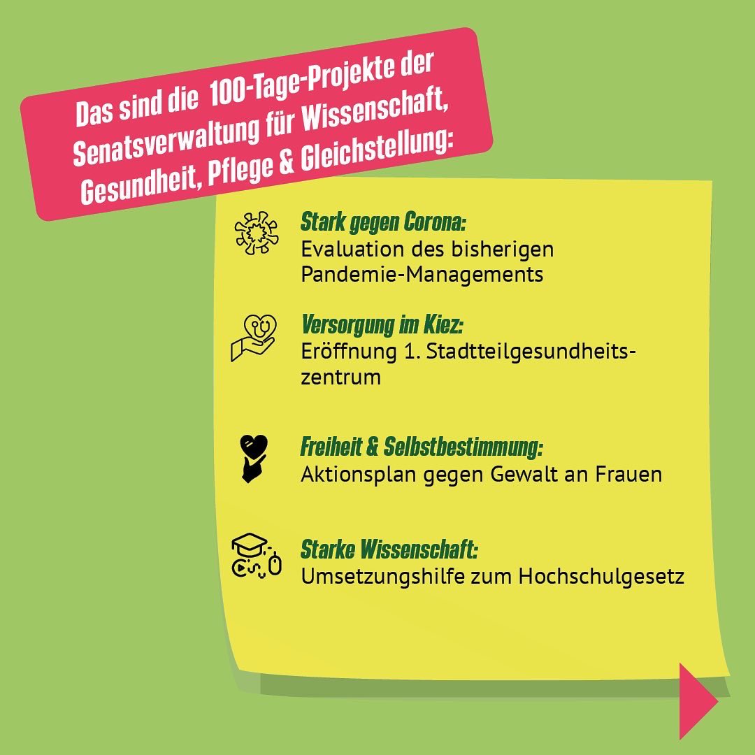 gruene_berlin's tweet image. Wie sehen eigentlich die 100-Tage-Projekte unserer grünen Senator*innen aus? Das erklären wir euch hier genauer. Im letzten Teil unserer dreiteiligen Reihe zum #100TageProgramm - heute mit den Projekten von @SenWGPG 
 und unserer Gesundheitssenatorin @UlrikeGote.