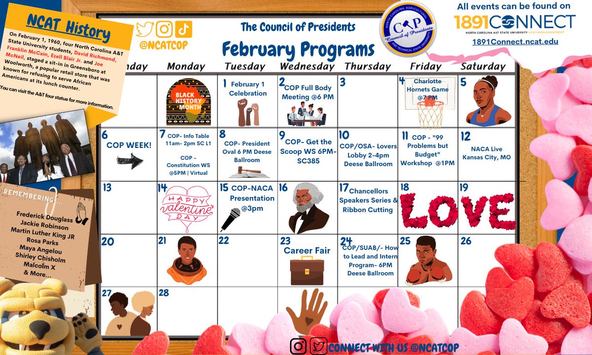 Want to know what the Council of Presidents has planned for the month? Check out our monthly calendar that not only has what events are coming up but has some important information about the month of February! All events can be found on 1891Connect 🔗 #ncat