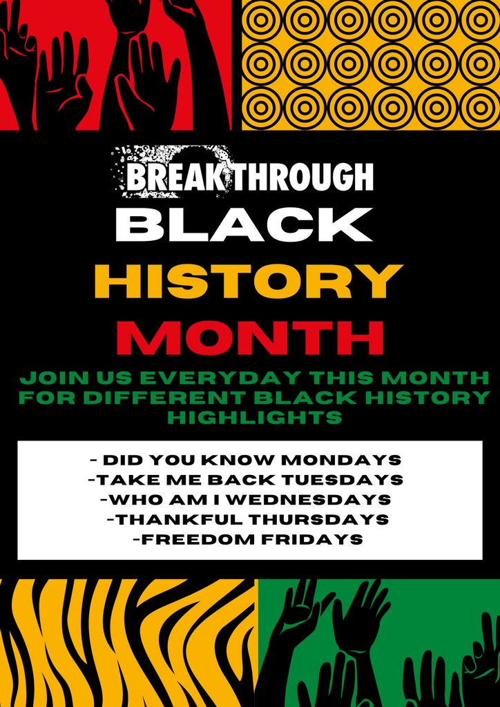 BreakthroughBHM's tweet photo. Happy first day of Black History Month! Join us everyday this week as we honor and recognize some amazing people/events that have made an impact in history. 

To learn more about the importance of Black History Month, go to https://t.co/ztGGX4yRfu https://t.co/E8yERzndwL