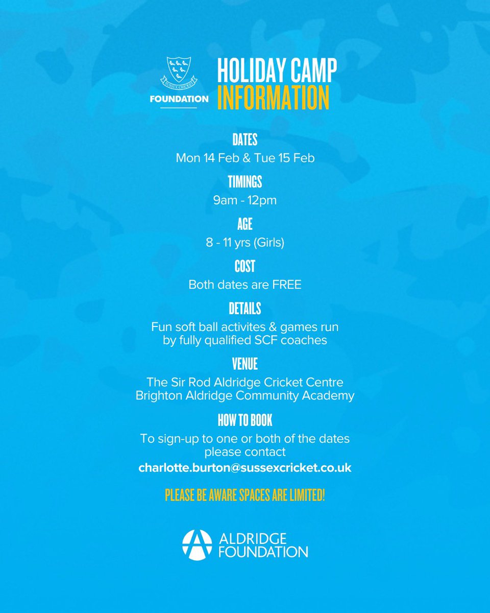 .<a href="/AldridgeFdn/">Aldridge Foundation</a> Girls’ Cricket Holiday Camp  🙌

🗓 Feb Half Term (Mon 14th &amp; Tue 15th)
⏰ 9am - 12pm
🏏 Girls aged 8 - 11 years old
💷 Free

📍The Sir Rod Aldridge Cricket Centre, BACA

Contact 📧 charlotte.burton@sussexcricket.co.uk to sign-up!
