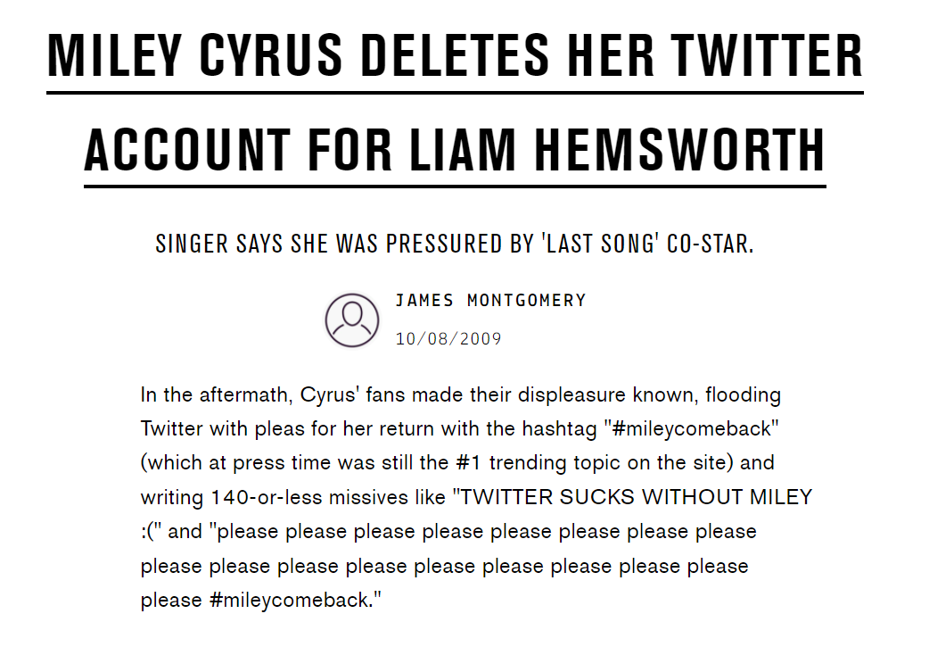 milesangels's tweet photo. en octubre miley eliminó su twitter diciendo: "para vuestra información liam no tiene twitter y quiere que borre mi cuenta por buenos motivos" se despidió con un rap y fue tal el drama que hasta katy perry quería que vuelva y se hizo trending el hashtag #mileycomeback https://t.co/NuaFRIsLWc