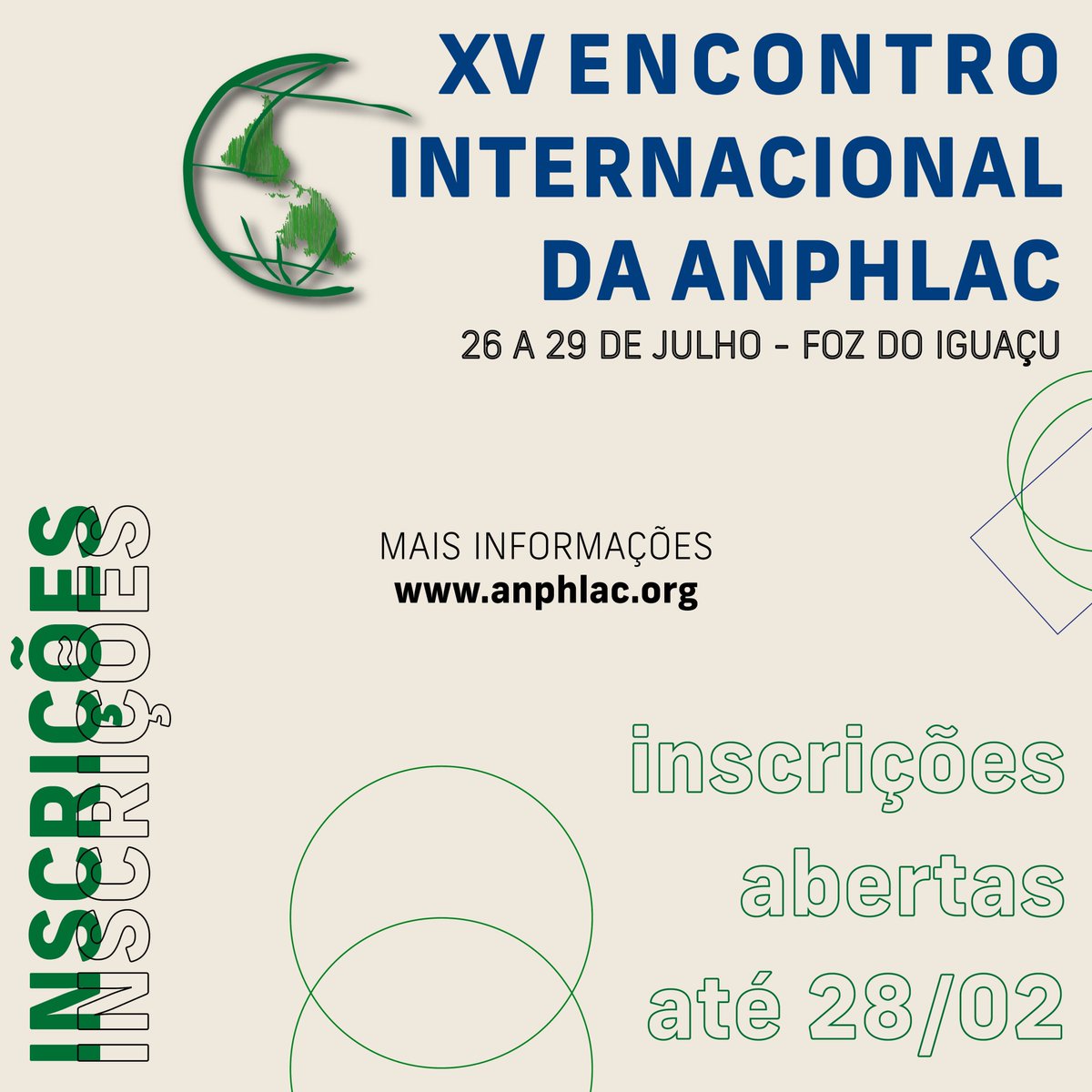 Inscrições com apresentação de trabalho até 28 de fevereiro de 2022.

Mais informações: anphlac.org