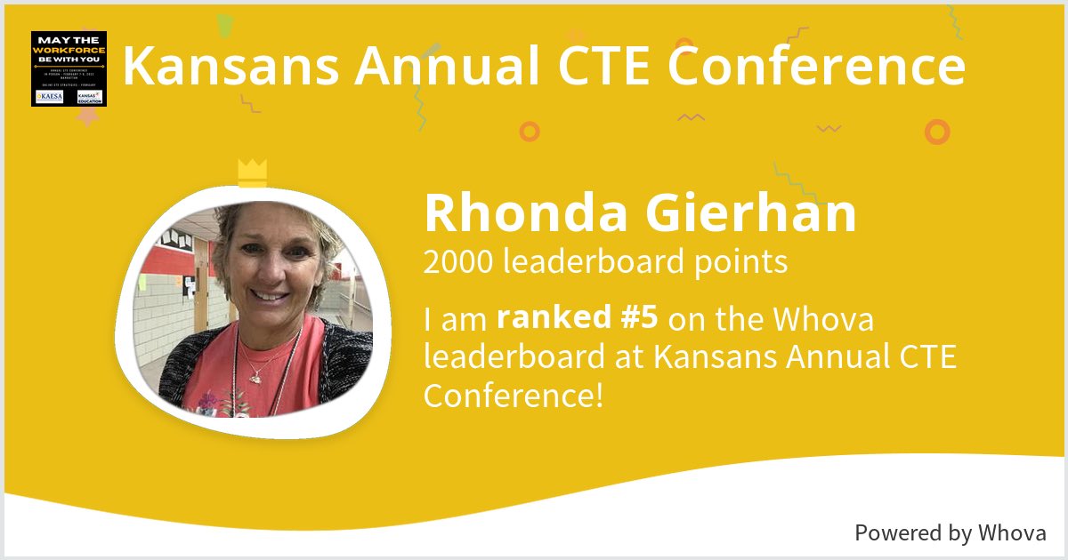 rhondagierhan's tweet photo. ranked #5 on the Whova leaderboard at Kansans Annual CTE Conference! @KsServCenters - via #Whova event app https://t.co/kvq6wBHjC5