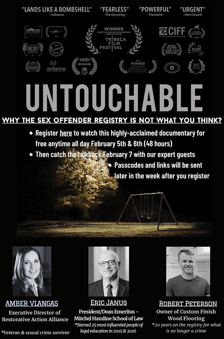 UntouchableDoc's tweet image. Interested in tuning in to a free screening of Untouchable? This weekend, the Community will be screening Untouchable as part of their three-part series on the registry. Featuring panelists Eric Janus, Amber Vlangas, and Robert Peterson. Register below! 

eventbrite.com/e/untouchable-…