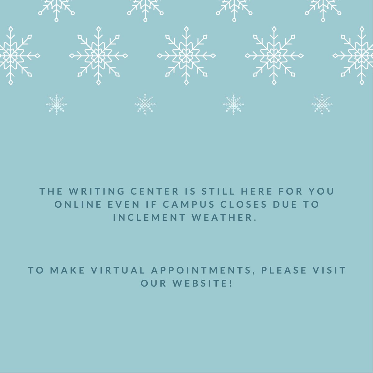 IUSWriting's tweet image. With the threat of snow and ice looming, remember that we have virtual options available! Visit ow.ly/BEao50HJCTZ to make appointments.
