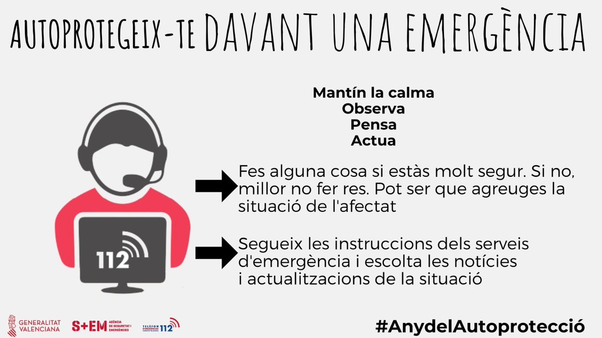 🦺Què has de fer si et veus immers en una emergència?

1⃣Primer que res, autoprotegir-te.
2⃣Seguir estos consells.

⚠️Les teues accions poden afavorir o complicar la resolució de la situació!
#AnydelAutoprotecció #AñodelaAutoprotección