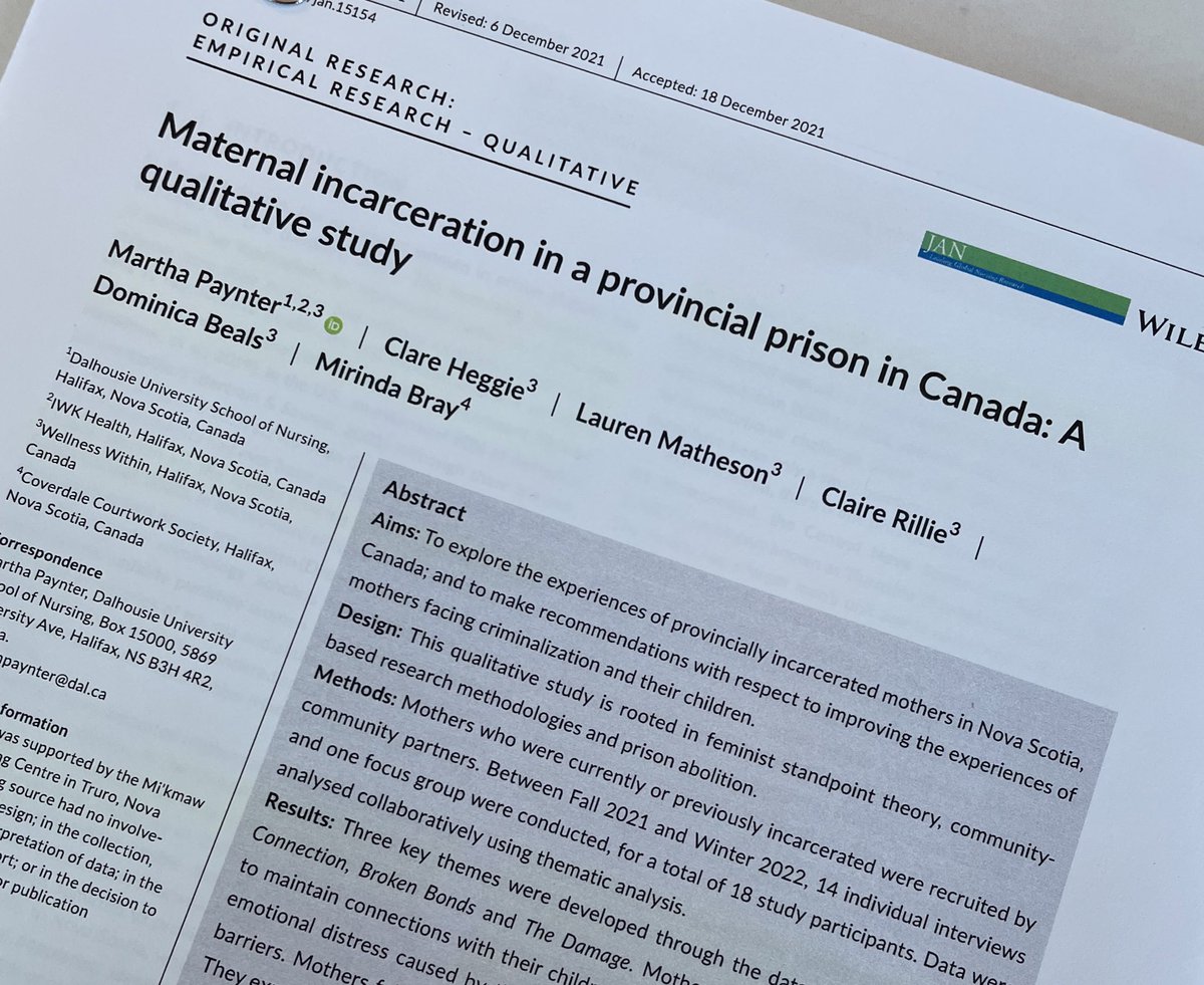 matthew__bonn's tweet photo. “Maternal incarceration in a provincial prison in Canada: A qualitative study” by @MarthPaynter et al (2022) via Journal of Advanced Nursing.
Link: https://t.co/ijQSmSysBx
#PrisonPolicy https://t.co/7KdQshBPtx