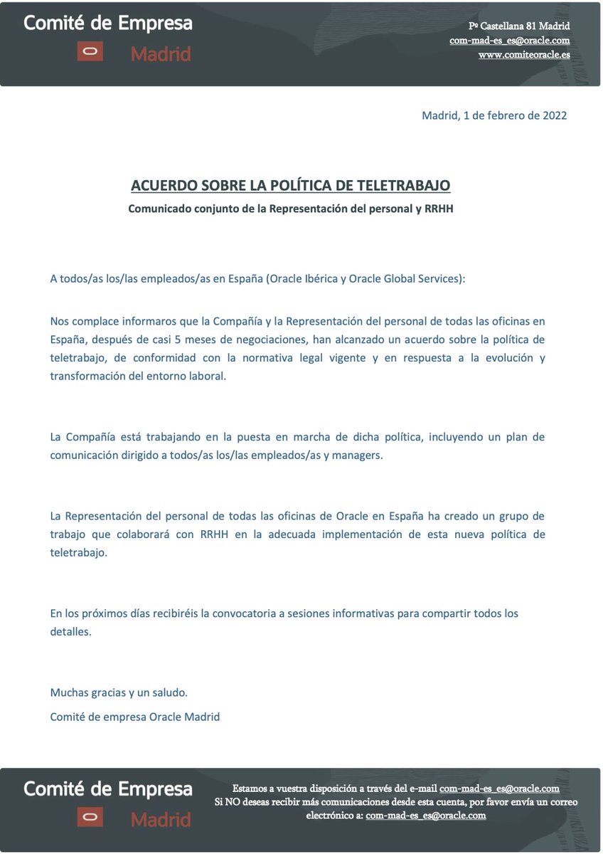 ComiteOracle's tweet image. COMUNICADO: ACUERDO SOBRE LA POLÍTICA DE TELETRABAJO
Comunicado conjunto de la Representación del personal y RRHH.
#ComiteOracle