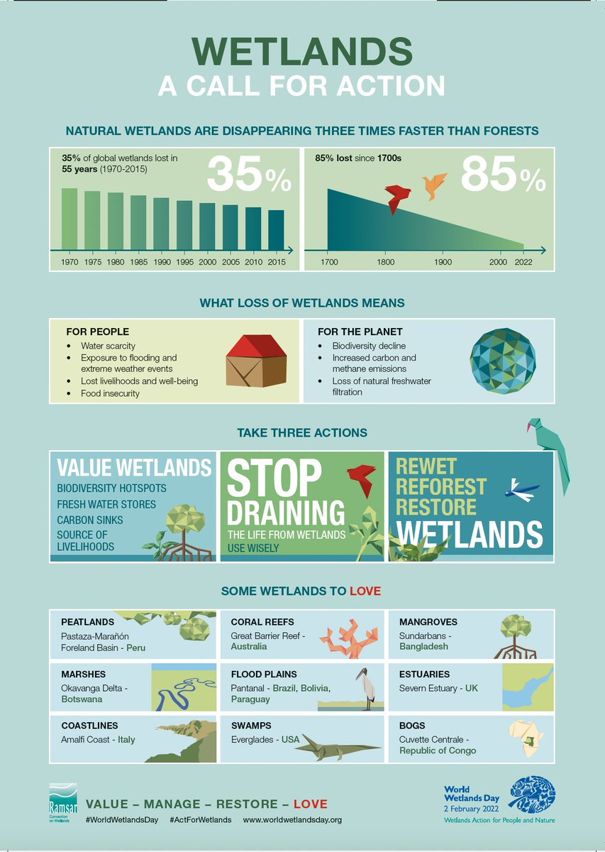 🦩 2 February is #WorldWetlandsDay 🦩

#Wetlands are 🔑 to water security, disaster risk reduction, mitigating #ClimateChange, supporting #Biodiversity and providing livelihood. 

Discover actions that help conserve and restore  wetlands👇 worldwetlandsday.org/actions

via <a href="/RamsarConv/">Convention on Wetlands</a>