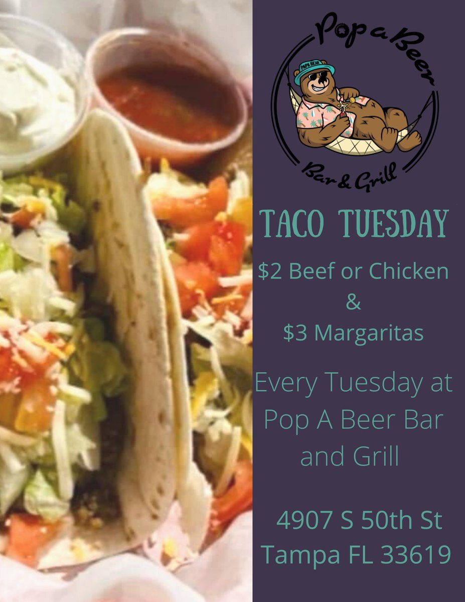 Mach5E21's tweet image. It&apos;s Taco Tuesdayyyy!!!!!! Head on over to Pop A Beer Bar and Grill and enjoy $2 Beef or Chicken Tacos and $3 Margaritas!!!!