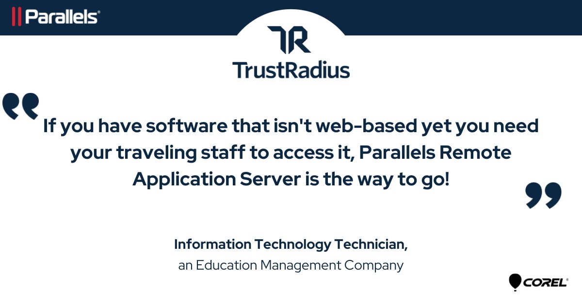 ParallelsRAS's tweet photo. “It's almost a struggle to describe just how wonderfully useful Parallels Remote Application Server is. My favorite aspect is the way you can use Windows-specific apps regardless of the client you find yourself on.” Read the @TrustRadius review at https://t.co/ZIhCRZ0PmU https://t.co/VHEKEq0Rfx