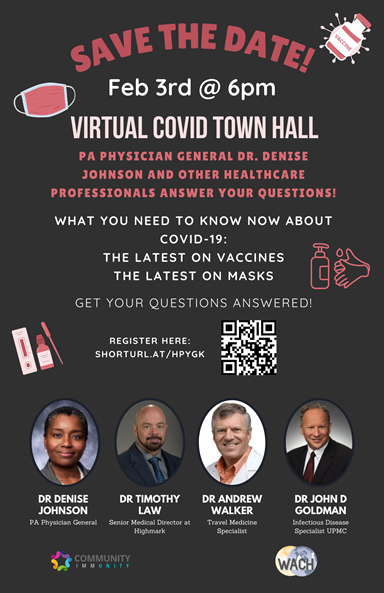 HCSdv's tweet image. Get the latest on COVID masks and vaccines! Come to this virtual Town Hall, featuring the Physician General of PA, Dr. Denise Johnson, happening this week on Thu, February 3 at 6 pm. Register today! @wacharrisburg