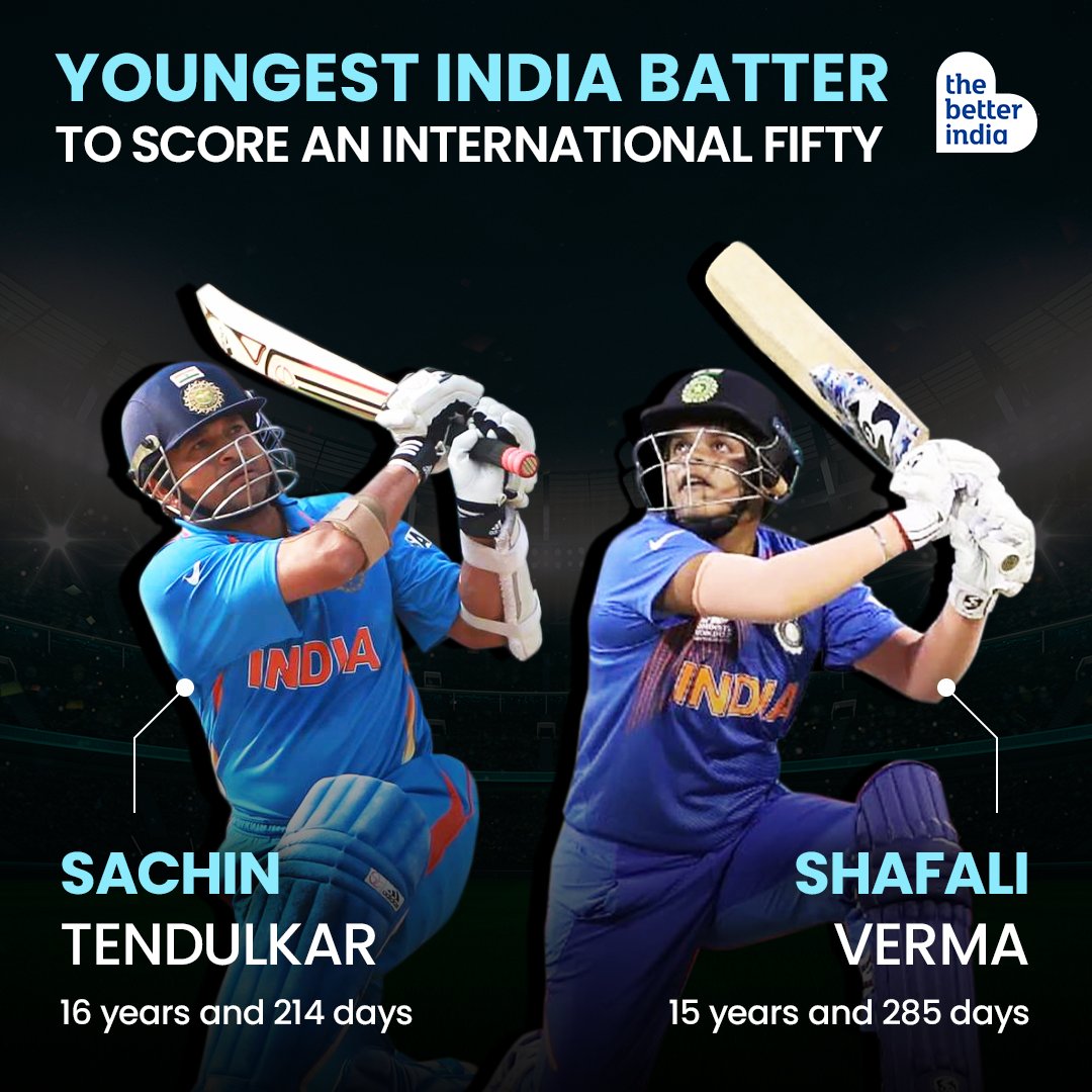 thebetterindia's tweet photo. #ShafaliVerma is 17 years old. At 15, she broke a record Sachin Tendulkar had held for 30 years. At 16, she rose to the No. 1 ranking in T20I cricket. At 17, she’s blasting her way through a Test match! #WomenInSports https://t.co/qClbmShjFh