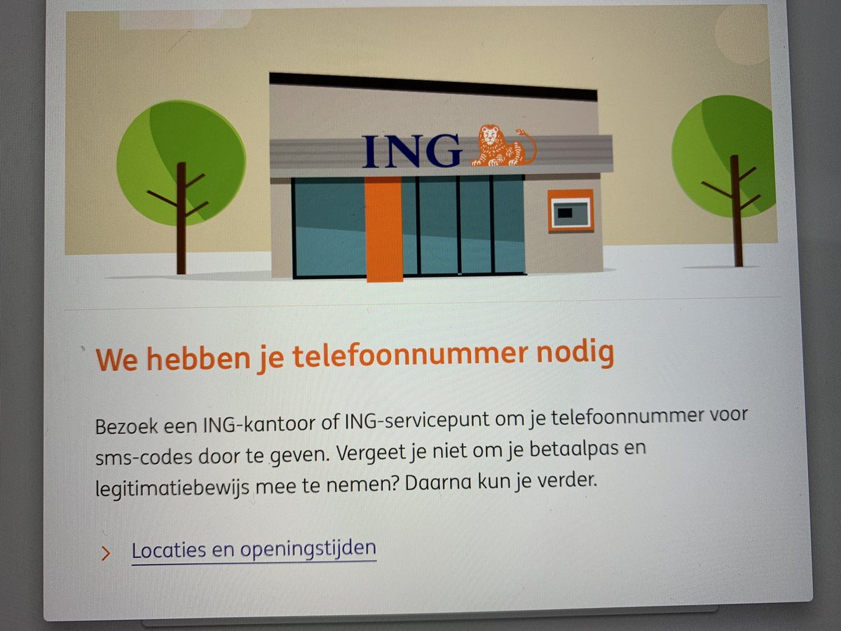 SjoerdSchippers's tweet photo. Zeg @ingnl hoe vinden jullie zelf dat het gaat? Lekker alle kantoren sluiten, want alles gaat tegenwoordig  via internet, toch? En nu mag ik vanuit Woerden naar Nieuwegein rijden met mijn dochter, om een telefoonnummer te laten controleren??? Wat een aanfluiting. https://t.co/9gcofddOvt