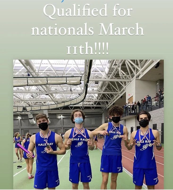 HaleRayAlumni's tweet photo. Big CONGRATULATIONS to Hale-Ray’s sprint medley team as they qualified for NATIONALS! From left to right: Ethan Mottolo, Luke Kindel, Sean Kennedy-Wonneberger, and Michael Kraszewski! Best of luck boys! https://t.co/BIpynHe5xy