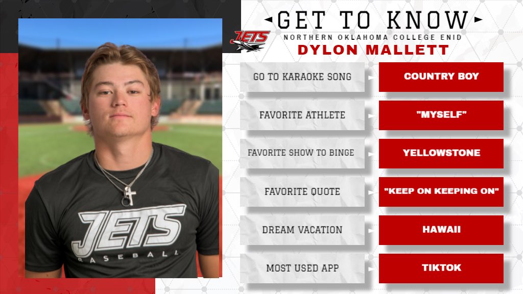 GET TO KNOW ✈️⚾️‼️

4️⃣DAYS UNTIL OPENING DAY‼️

🔦TODAY’S PLAYER SPOTLIGHT🔦

#️⃣4️⃣
Dylon Mallett (<a href="/Dylon4mallett/">Dylon Mallett</a>)
RHP
Moore, OK
Major: Pre-Med

✈️⚾️‼️