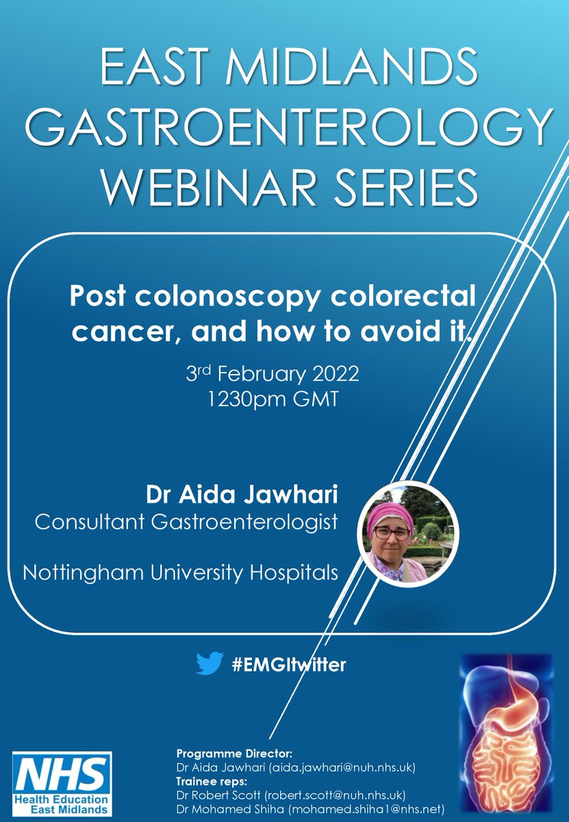 Mo_Shiha's tweet photo. Delighted to welcome @aidajawhari1 from @nottmhospitals for the next EM GI Webinar.
➡️ Post colonoscopy colorectal cancer &amp; how to avoid it
⏰ 1230p.m. UK Time 3rd Feb
💻 MS Teams
#EMGItwitter #GITwitter 
Interested in viewing our webinars live/on-demand?
https://t.co/eT3ygAX0Mt https://t.co/oPdy8zP9Fo