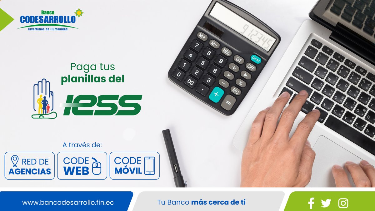 BanCodesarrollo's tweet image. 👉Recuerda que puedes pagar tus planillas del IESS a través de #CodeWeb #CodeMóvil y la red de agencias a nivel nacional bit.ly/3w3OKqP 
#BancoCodesarrollo #TuBancoMásCercaDeTi #InvertimosEnHumanidad