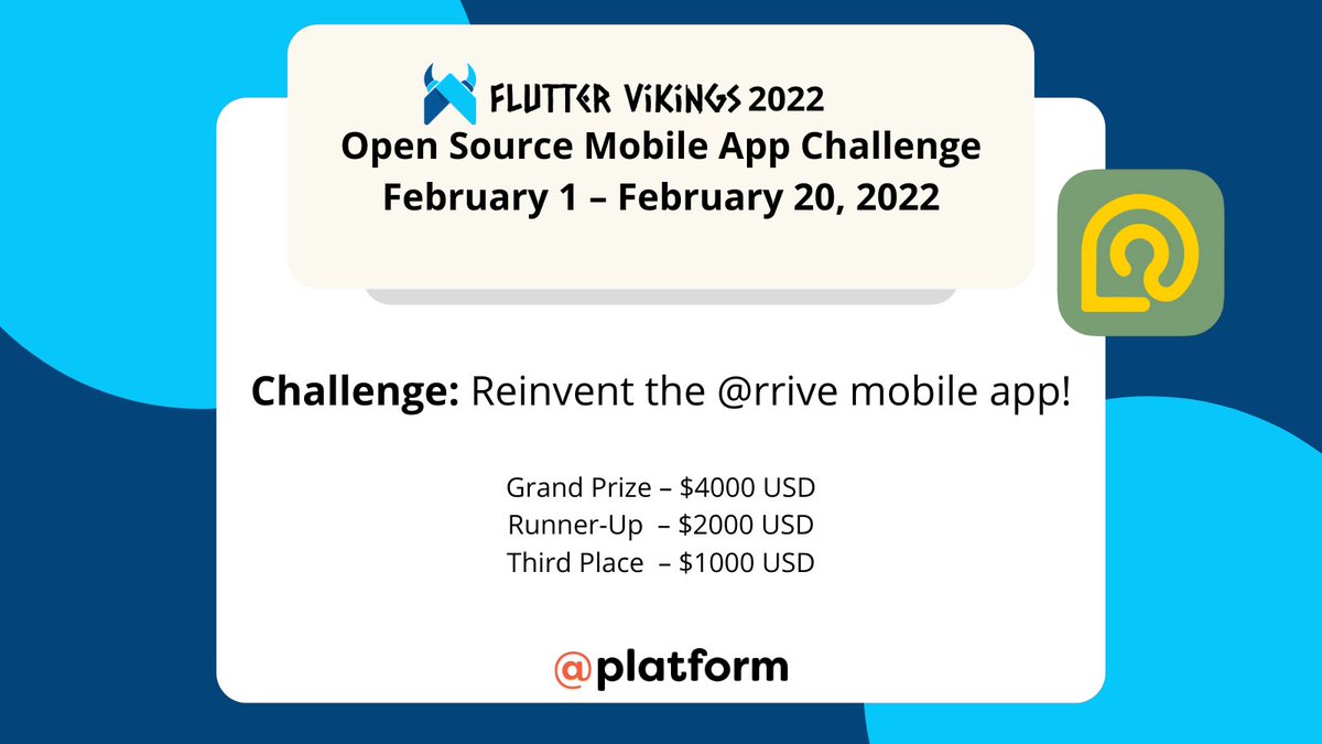 atsigncompany's tweet image. 💙Here’s a #opensource special challenge for all the #Flutter developers @FlutterVikings 

💻Reinvent the @ rrive mobile app 

🏆Grand prize -$4000
🎁Runner up -$2000
🥉Third place -$1000

🗓 Feb 1-20

💡Get started⬇️
atsign.com/app-challenge/ #fluttervikings