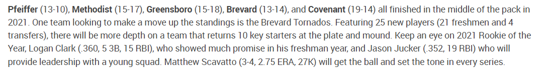 BCTornados's tweet photo. Baseball: @BCNadoBaseball featured in @d3baseball's Region 6 preview ahead of the 2022 DIII Baseball Season. @BrevardCollege is set to open its season up this Saturday with a doubleheader at William Peace University. #NadoNation #d3baseball https://t.co/ukqaGNplov
