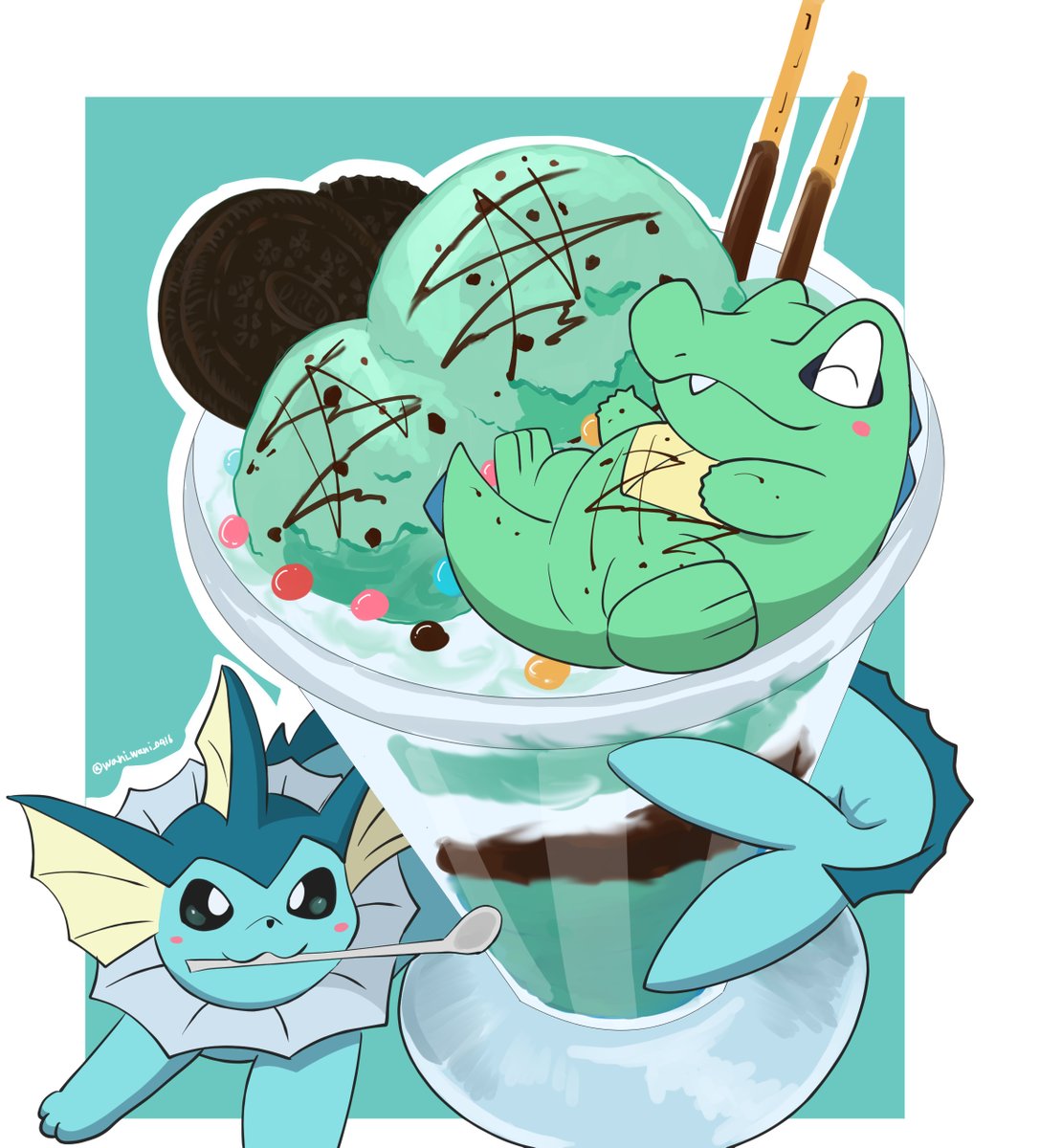 vaporeon no humans pokemon (creature) food ice cream white border closed mouth pocky  illustration images