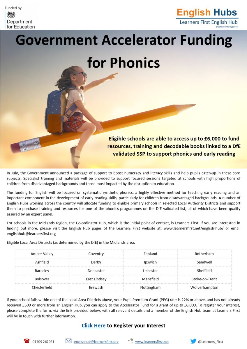 Is your school purchasing a new DfE validated Phonics Programme?
Are you located in one of the eligible local authority districts listed below and have a pupil premium figure of 22% or above?

Apply now to be able to access up to £6,000 of funding - forms.gle/3Wg7v7mbGv8kT8…