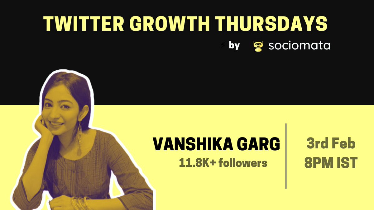 sociomata's tweet photo. This week, we are excited to have @vanshika_garg17 and @aryan_kochhar as speakers in our Twitter Growth Thursdays series. Learn about audience building! ⭐

Giveaway: $120 Creator plan of Sociomata to one of the listeners.

Set reminder: https://t.co/zvJKzPK7L1 https://t.co/w9urdaVPD4