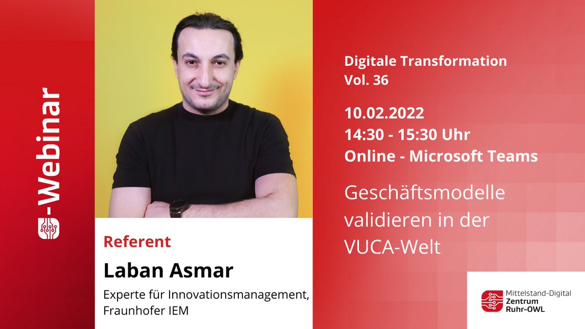 MDZ_RuhrOWL's tweet image. Volatil, Vieldeutig, Komplex und Unsicher: #VUCA – dies beschreibt die aktuelle Marktsituation. Die frühzeitige #Validierung von #Geschäftsmodellen kann angesichts dessen bei der erfolgreichen #Produktentwicklung helfen. 

Mehr dazu in unserem Webinar: bit.ly/3FVsnHK